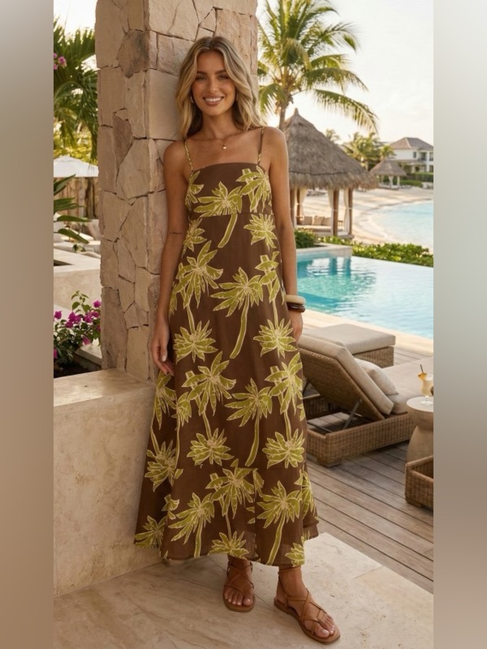 NWOT Brown Floral Maxi Dress with Yellow Palm Print